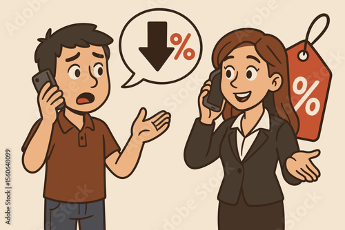 Man negotiating price reduction with sales agent on mobile phone. Worried customer asks for a discount and special offer. Business communication and bargaining concept vector cartoon.