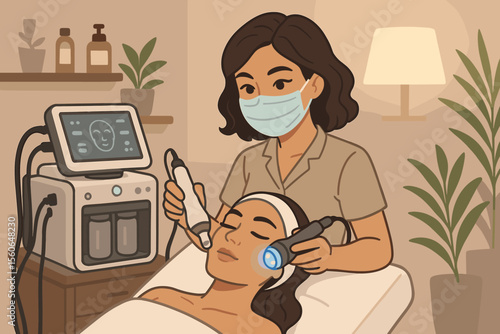 Esthetician performing advanced facial treatment with high-tech skincare devices in a spa. Woman getting skin rejuvenation, anti-aging light therapy from a cosmetologist. Vector.