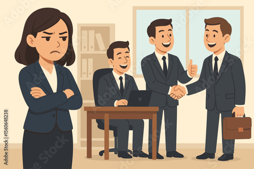Female executive overlooked for promotion. Gender discrimination and inequality in a male-dominated corporate office. Unfair treatment, sexism, and glass ceiling concept. Sad woman.