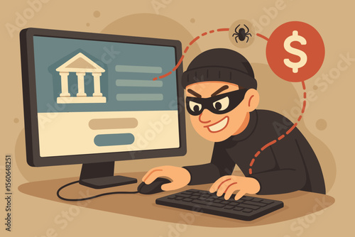 Hacker cartoon character attacking online banking system. Cybercriminal thief stealing money from computer. Concept of internet crime, financial fraud, phishing, malware, data theft.