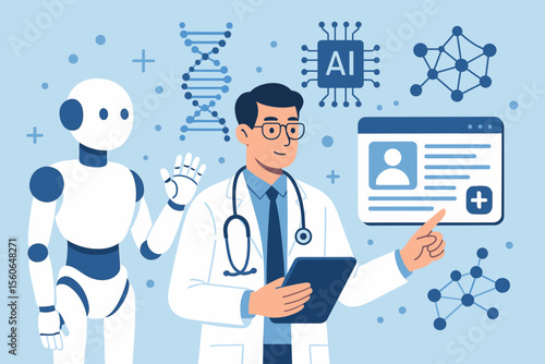 Artificial intelligence in healthcare concept. Doctor with robot assistant analyzing electronic medical record and DNA data for diagnosis. Futuristic medical technology innovation.