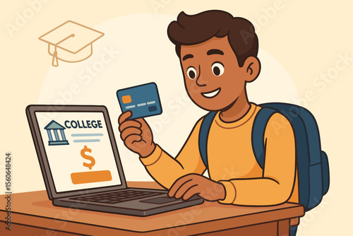 Happy student paying college tuition fee online using laptop and credit card. Concept of education financing, university costs, student loan payment, scholarship, and savings. Vector.