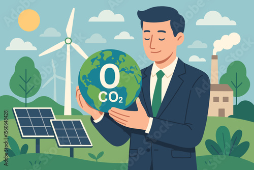 Businessman for net zero emissions and low carbon economy. Sustainable development and green business concept with renewable energy, solar panels, wind turbines versus factory pollution.