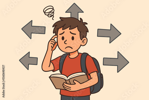 Confused student making a difficult decision about the future path. Young boy character at a crossroads with arrows pointing in different directions. Career choice dilemma concept.