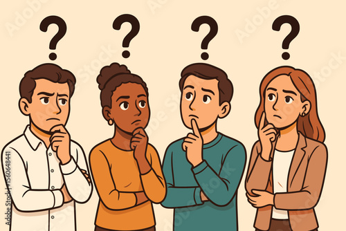 Diverse group of people thinking with question marks. Thoughtful men and women contemplating a problem. Concept of curiosity, doubt, problem-solving, and finding a solution. Vector.