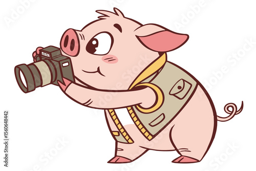 Vector cute Pig cartoon character, photographer's vest, holding a camera, curious and observant expression, camera lens reflection hint, isolated on white background