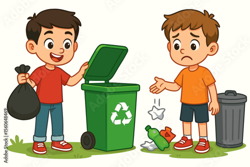 Right versus wrong behavior for garbage disposal. Good habit boy putting trash in recycling bin vs bad habit kid littering. Environmental awareness do and don't concept. Vector.