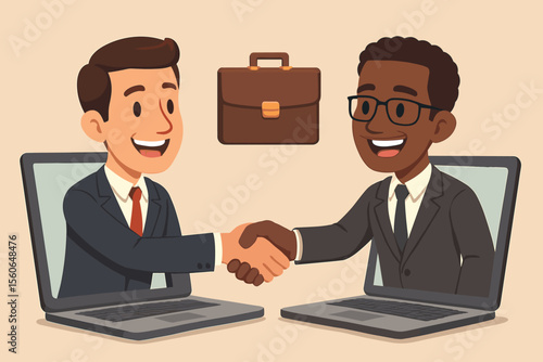 Virtual handshake between two diverse businessmen through laptop screens. Online business deal concept. Successful remote partnership, digital collaboration, and contract agreement.