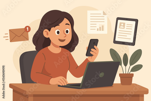Business woman working at her office desk, multitasking with a laptop and smartphone. Receiving email notifications and managing digital documents. Remote work and productivity concept vector.