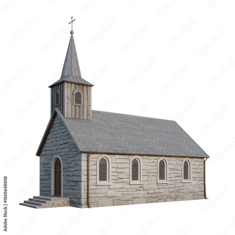 Fototapeta premium Small Town Church Isolated on Clear Backdrop for Graphic Projects