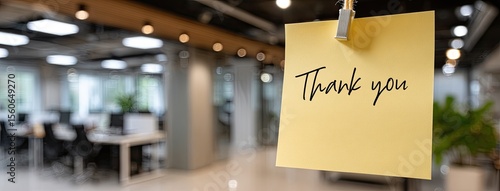 Warmly lit office features a stylish yellow sticky note with thank you writing, creating an inviting ambiance for a thoughtful message