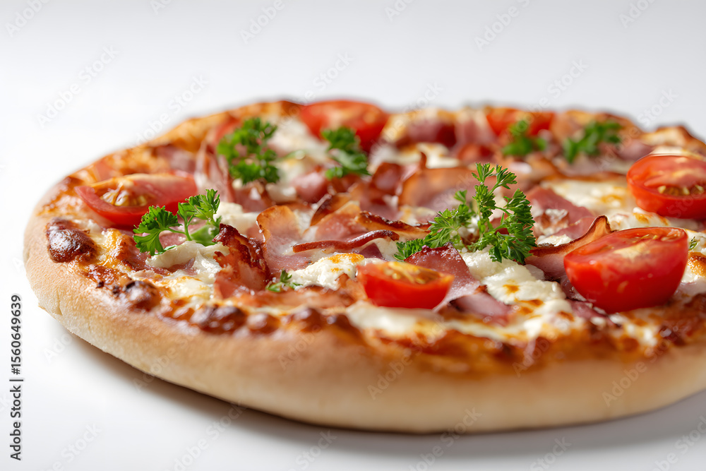 Pepperoni pizza with herbs. Close-up of pepperoni pizza with herbs and melted cheese.
Pepperoni pizza with herbs. Close-up of pepperoni pizza with herbs and melted cheese.