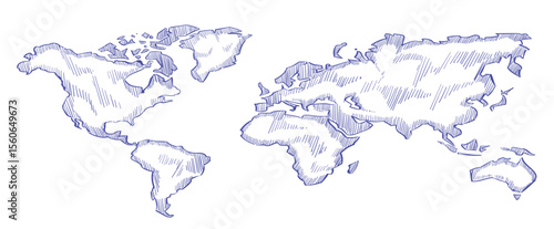 hand drawn rough sketch world map with doodle pins