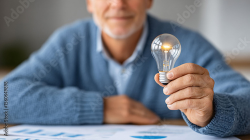Mature man holding bright bulb symbolizing idea