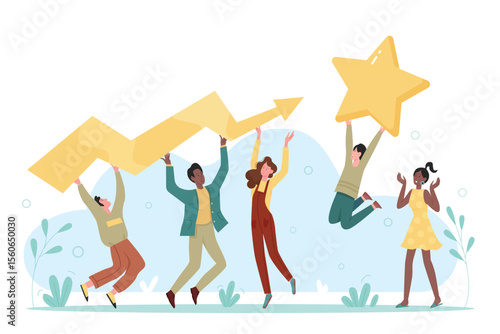Teamwork and business challenge to achieve goal. Tiny people holding growing long arrow to target, success orientation of team flat vector illustration. Partnership, ambition, achievement concept