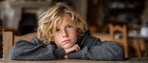 Pensive boy resting on table