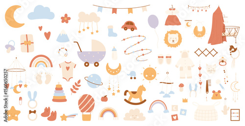 Boho baby clipart set for newborn girls and boys. Cartoon nursery bohemian simple collection with animal toys decor for cute bedroom, cradle and clothes isolated on white. Kids decoration concept
