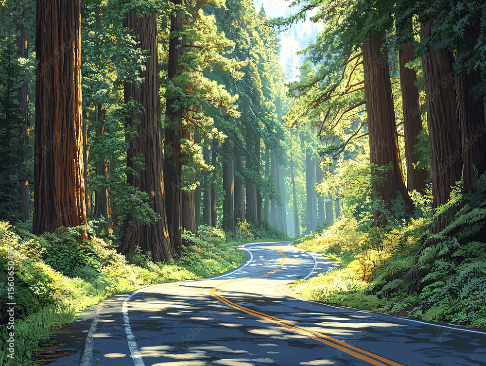 Fototapeta premium Winding Road Through a Lush Redwood Forest