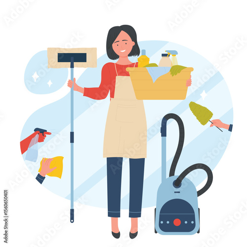 Professional worker of cleaning service with equipment and tools. Woman in apron holding mop and detergent basket, standing near vacuum cleaner flat vector illustration. Cleanup, agency concept