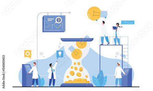 Science, data research and finance experiment. Tiny scientists throw many glass light bulb in open hourglass, offer genius ideas for money growth flat vector illustration. Education, business concept