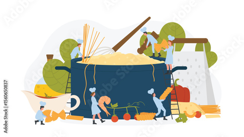 Pasta recipes. Team of tiny chefs standing near huge pan with cooked spaghetti, persons holding shrimp and vegetables to cook traditional Italian dish on dinner in restaurant flat vector illustration