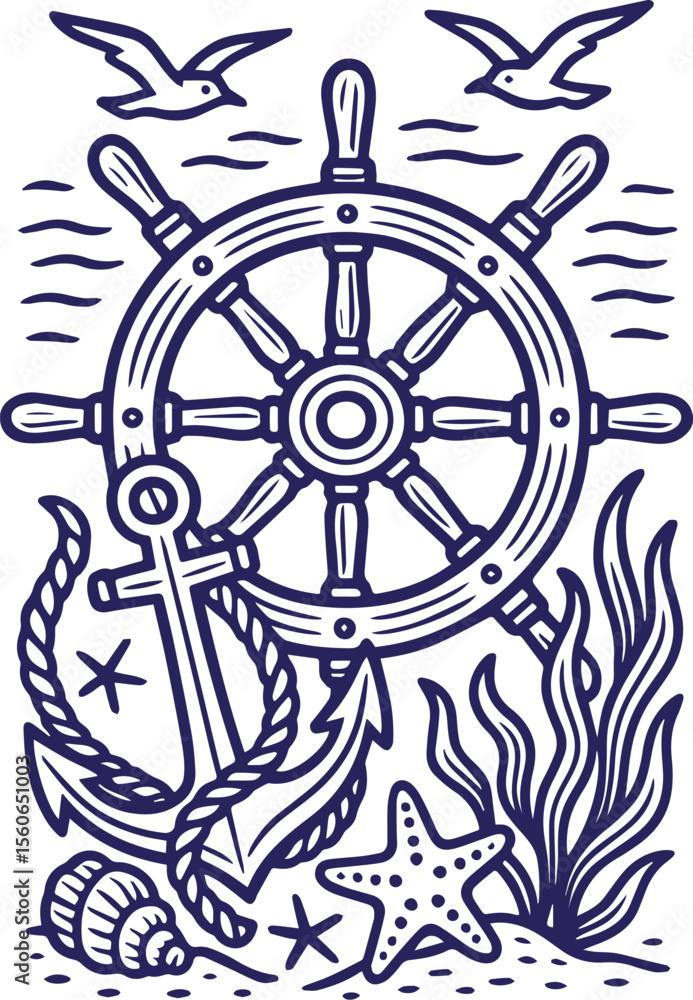 Obraz premium Nautical helm and anchor in vintage line art with sea elements