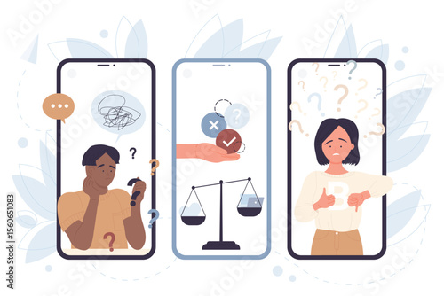 Young people with question marks and tangle thread on screens of mobile phones vector illustration. Cartoon persons with troubles in communication or work. Psychology, online psychotherapy concept
