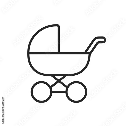 Minimalist baby stroller icon in black outline on white background