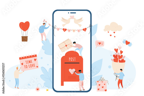 Celebrating saint valentine day using gift delivery application. Lovers holiday with romantic and lovely wishes flat vector illustration