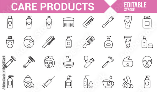 Minimalist symbols for beauty and skincare items including lotions, facial masks, and hair care products.