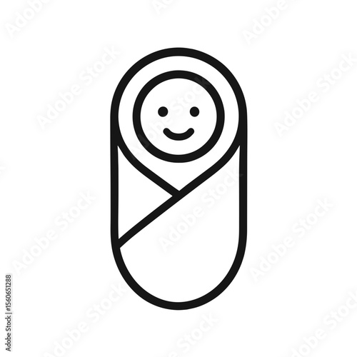 Minimalist swaddled baby icon in black outline on white background
