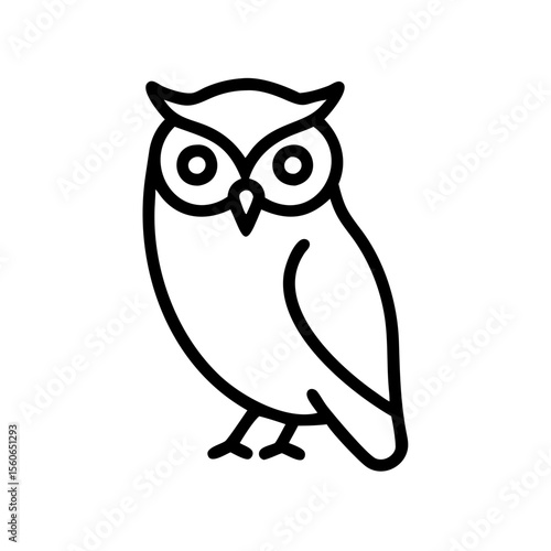 Line drawing of an owl standing with large eyes and feathers  
