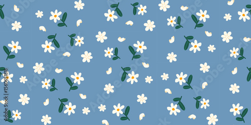 White daisy flower seamless pattern on blue background