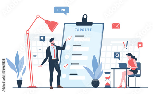 To do check list with important tasks for business people. Tiny businesswoman and businessman characters prioritize, work with agenda plan flat vector illustration. Project management, control concept
