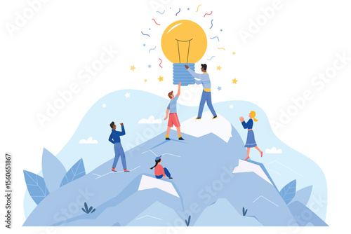Cooperation and teamwork of people climbing top of high mountain for bright light bulb. Collective work of winners, great idea of man woman group flat vector illustration. Leadership, success concept