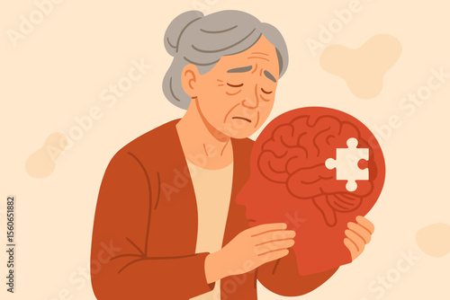 Elderly woman holding brain symbol with missing puzzle piece representing Alzheimer's disease, dementia, and memory loss concept; World Alzheimer's and mental health day awareness.