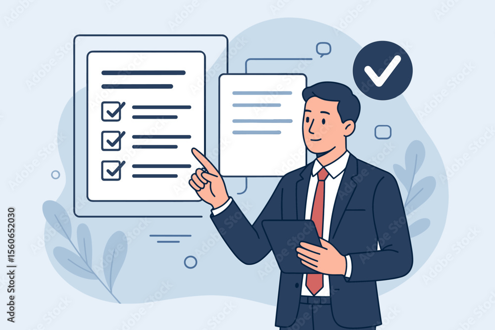 Businessman checks electronic document on a virtual interface. Digital checklist with approved tasks. Online business evaluation, project management, productivity, and verification concept. Businessman checks electronic document on a virtual interface. Digital checklist with approved tasks. Online business evaluation, project management, productivity, and verification concept.