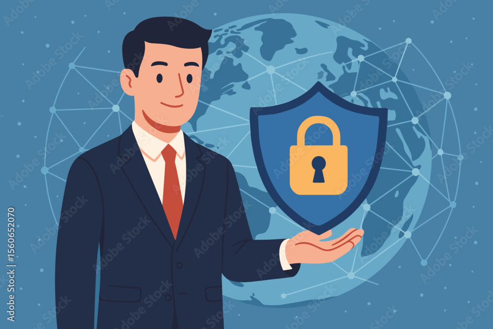 Businessman holding shield with padlock for data protection on global network. Cybersecurity, network security, insurance business, internet firewall and digital privacy concept. Businessman holding shield with padlock for data protection on global network. Cybersecurity, network security, insurance business, internet firewall and digital privacy concept.
