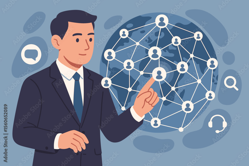 Businessman touching global customer data network. Social media communication and CRM concept. Customer relationship management, service and experience with data search and analysis. Businessman touching global customer data network. Social media communication and CRM concept. Customer relationship management, service and experience with data search and analysis.