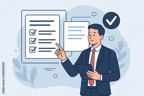 Businessman checks electronic document on a virtual interface. Digital checklist with approved tasks. Online business evaluation, project management, productivity, and verification concept.