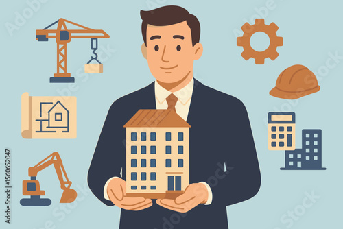 Businessman architect holding house model with construction icons. Real estate agent or developer presenting a new housing project. Engineering, property investment concept. Flat vector illustration.