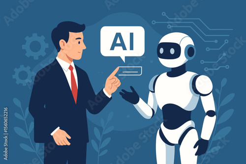 Artificial intelligence chatbot concept. Businessman talking to a smart AI robot for business solutions. Man in suit interacting with a humanoid assistant. Future technology innovation.