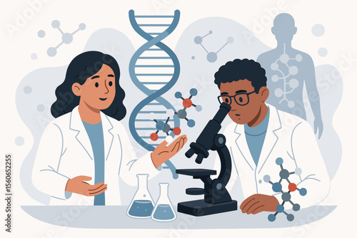 Diverse scientists conducting genetic research, exploring DNA structure and molecular biology with a microscope in a laboratory. Biotechnology innovation