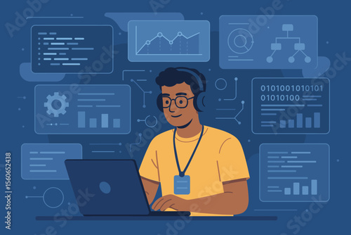 Software engineer coding on laptop analyzing data science algorithms, futuristic virtual interface, programming, IoT development, charts, graphs, analytics, technology innovation