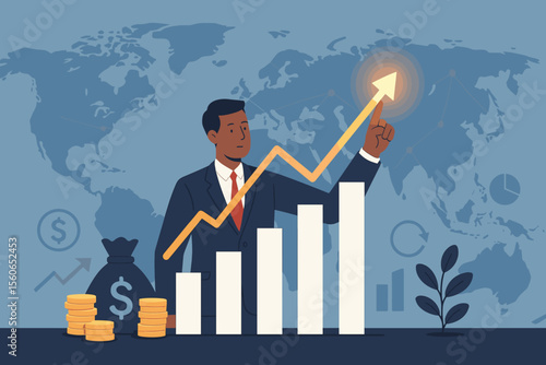 Global business investment growth, investor analyzing financial bar chart, profit increase, strategy planning, risk management, world economy, success return, money finance network concept