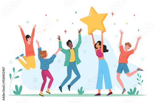 Happy people celebrate success achievement with joy. Fun group of adult friends or collegues win, persons jump with star together on informal party flat vector illustration. Goal, friendship concept