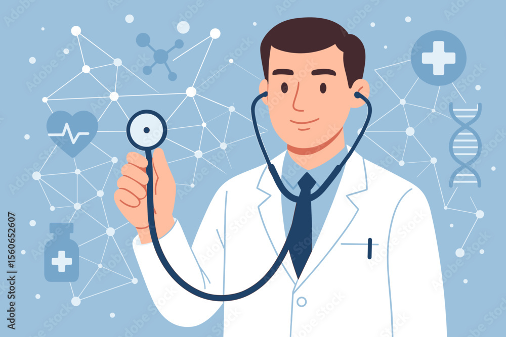 Professional doctor holding stethoscope with medical network, healthcare technology, DNA, research, innovation, digital medicine, hospital service, health science, clinical diagnostics concept Professional doctor holding stethoscope with medical network, healthcare technology, DNA, research, innovation, digital medicine, hospital service, health science, clinical diagnostics concept