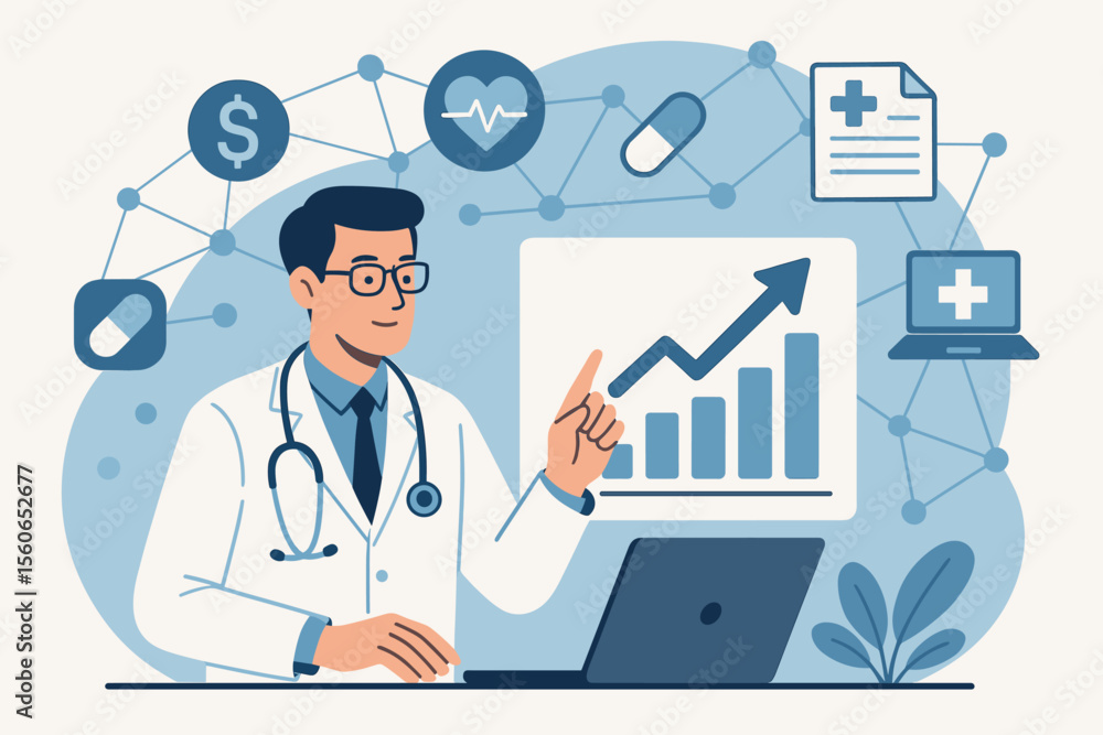 Medical business growth analytics, healthcare data chart, doctor with stethoscope using laptop, electronic medical records, professional network, digital health investment, financial success Medical business growth analytics, healthcare data chart, doctor with stethoscope using laptop, electronic medical records, professional network, digital health investment, financial success