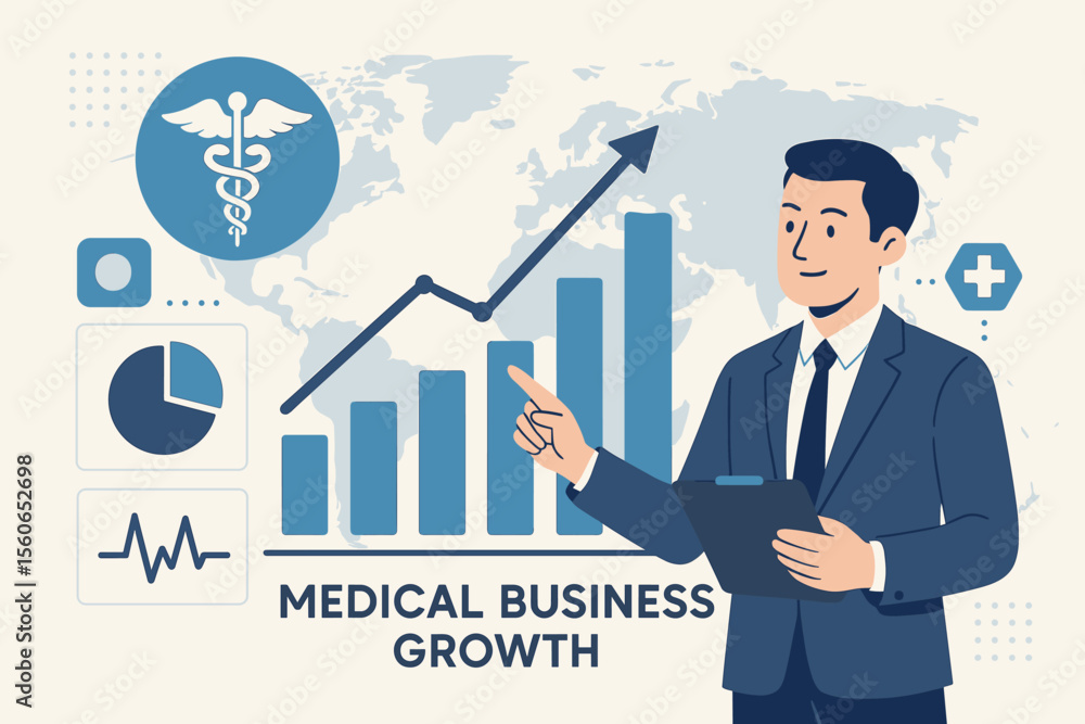 Medical Business Growth Analysis. Businessman Analyzing Healthcare Data, Financial Investment, Banking, Rising Chart, Medical Industry Report, Global Healthcare Market Trends, Statistics Medical Business Growth Analysis. Businessman Analyzing Healthcare Data, Financial Investment, Banking, Rising Chart, Medical Industry Report, Global Healthcare Market Trends, Statistics