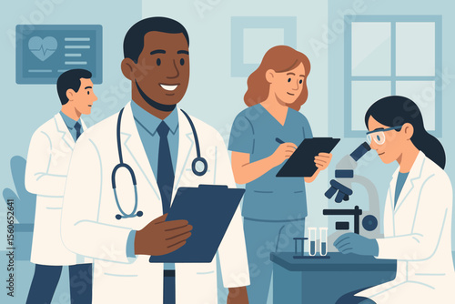 Diverse medical team collaborating in hospital laboratory. Doctors, nurse, and scientist working together on healthcare research, clinical diagnostics, patient care, and medical technology development